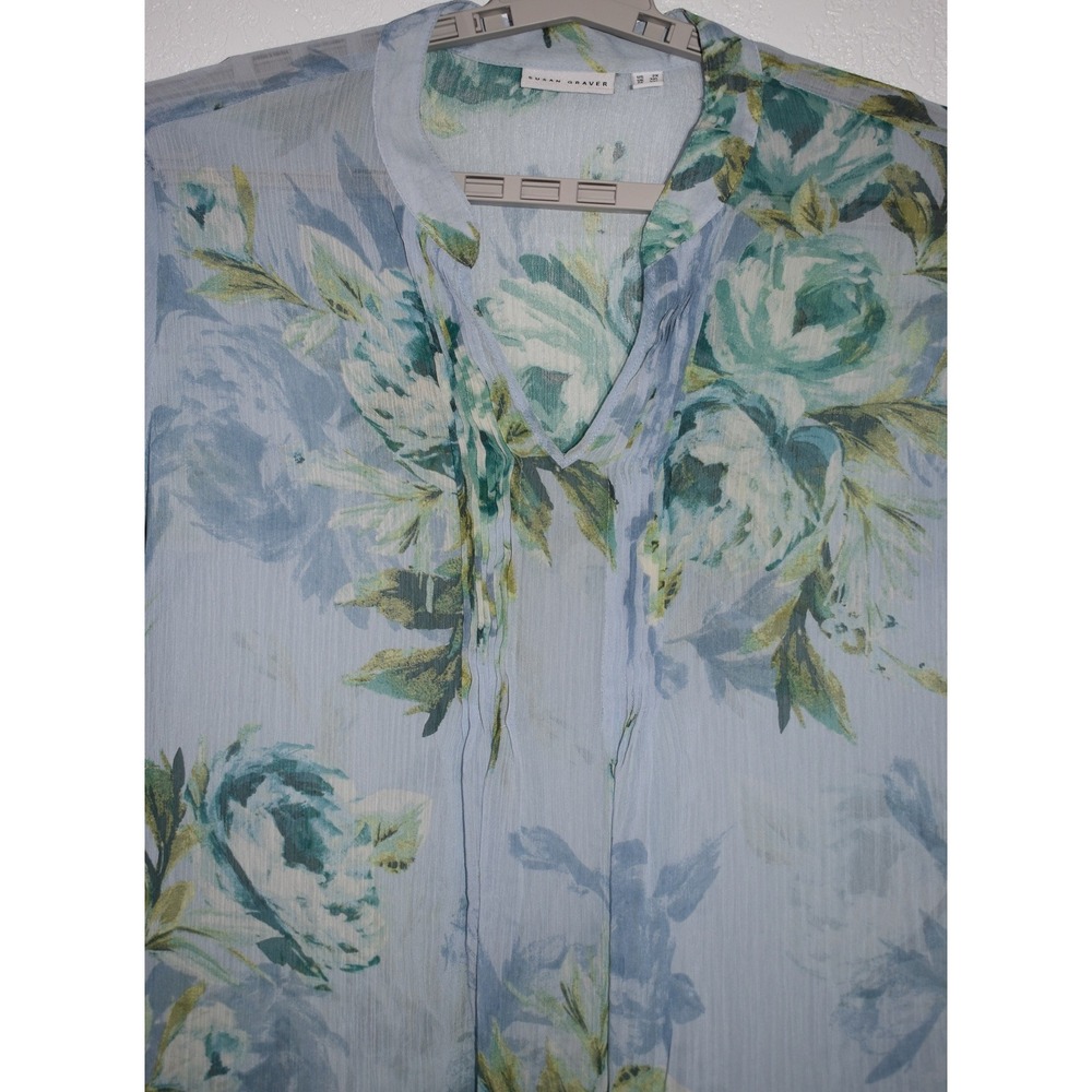 Susan Graver Top 2X Blue Floral Pintuck V-Neck Sheer Lace Sleeve Tunic Blouse - Picture 15 of 16